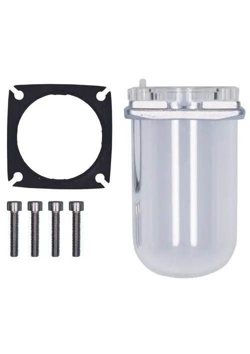 Set bestehend aus einer klaren Filterglocke, einer schwarzen Dichtung und vier Schrauben. Teile für die Montage eines Judo-Untertischwasserfilters vorgesehen.